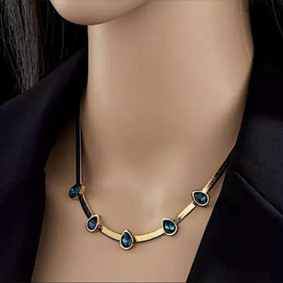 18K GOLD PLATED BLUE SAPPHIRE HERRINGBONE CHAIN NECKLACE - Picture 1 of 6